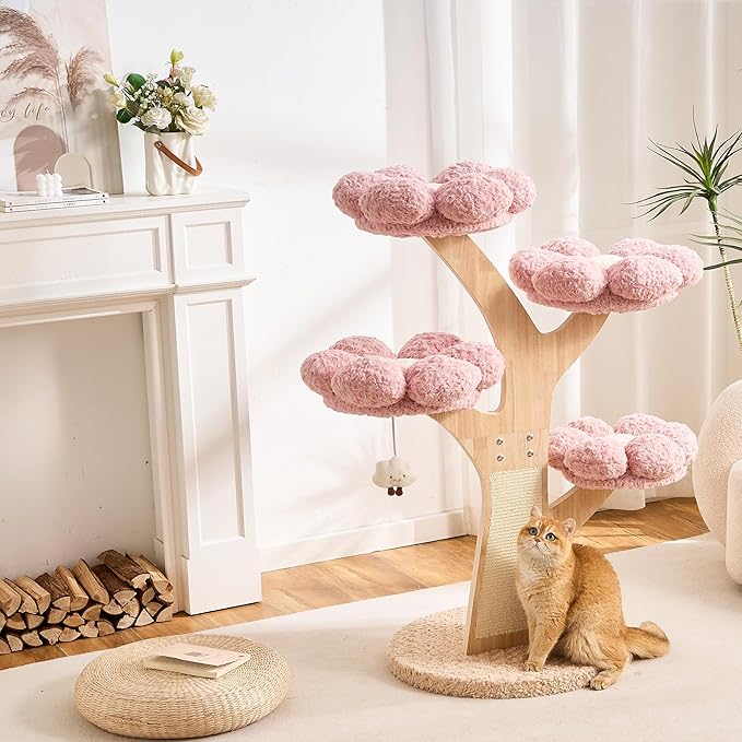 797Audio Flower Cat Tree, 48" Wood Branch Cat Tower, Pink Cloud Cat Tree with Scratching Post for Indoor Adult Cats, Luxury Cat Tree with Cozy Perches & Interactive Squeaky Hanging Toy