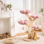 797Audio Flower Cat Tree, 48" Wood Branch Cat Tower, Pink Cloud Cat Tree with Scratching Post for Indoor Adult Cats, Luxury Cat Tree with Cozy Perches & Interactive Squeaky Hanging Toy
