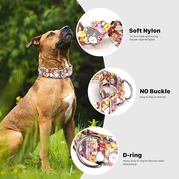 Heavy Duty 1.5 Inch Martingale Collar for Dogs - Escape Proof No Pull for Large Dogs, Wide Adjustable Slip Training Collar (Dog paw XL)