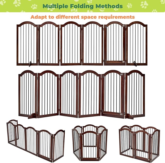PrimeZone 144" Extra Wide Dog Gate - 36" Tall 6-Panel Solid Acacia Wooden Freestanding Puppy Gates with Door, Foldable Indoor Pet Fence for Doorways, Stairs, Support Feet Included, Brown