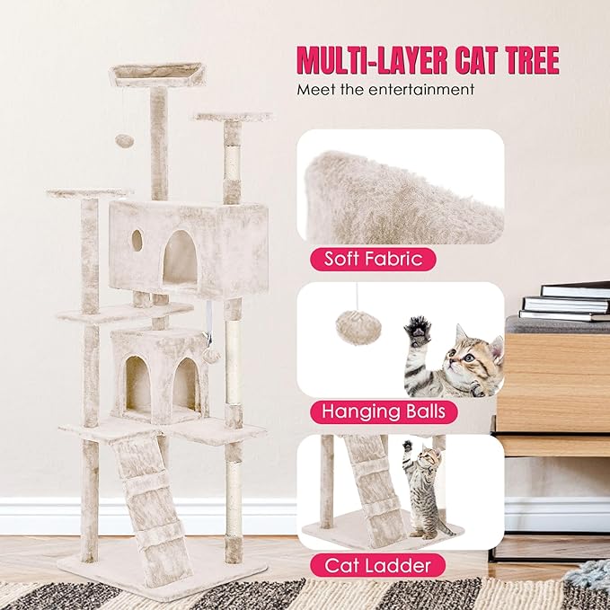 24/7 Shop at Home Court 70 inch Multi-Level Cute Cat Tree Tower with Dangling Ball and Scratching Posts for Indoor Cats Adults, Kitten Supplies, Pet House, Beige