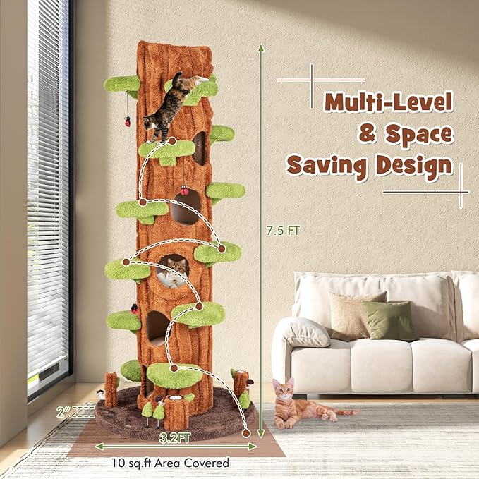 PETSITE 90.5 Inch Tall Cat Tree, Tree-Like Modern Cat Tower with Sisal Scratching Pad, Five Cat Condos, Cute Hanging and Spring Toys, Large Cat Tree Tower for Indoor Cats (Brown)