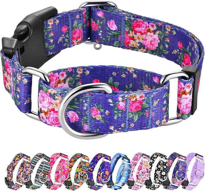 Hikiko Martingale Collar for Dogs Girl Dog Collars for Small Medium Large Dogs with Cute Female No Pull Dog Collar（Blue Rose,Large）