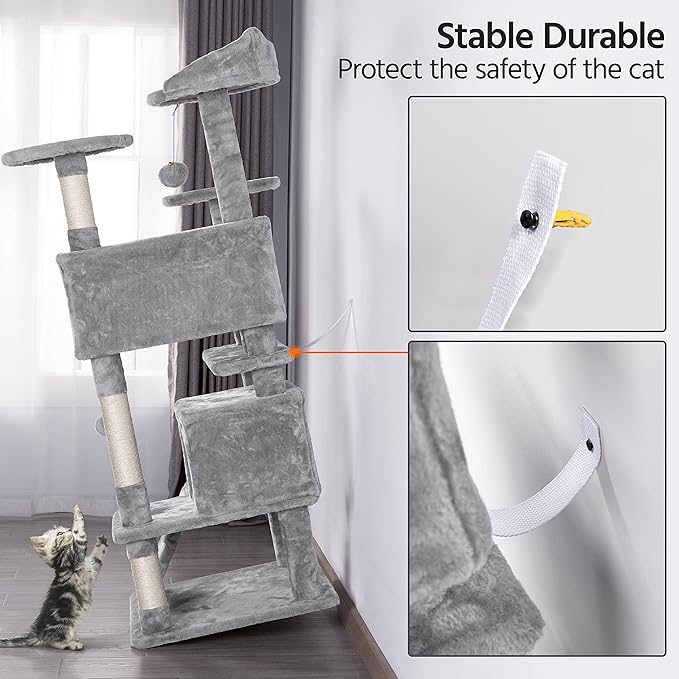 Topeakmart 54in Cat Tree, Cat Tower w/Large Cat Condo Scratching Posts and Perch, Cat Stand House Furniture, Light Gray