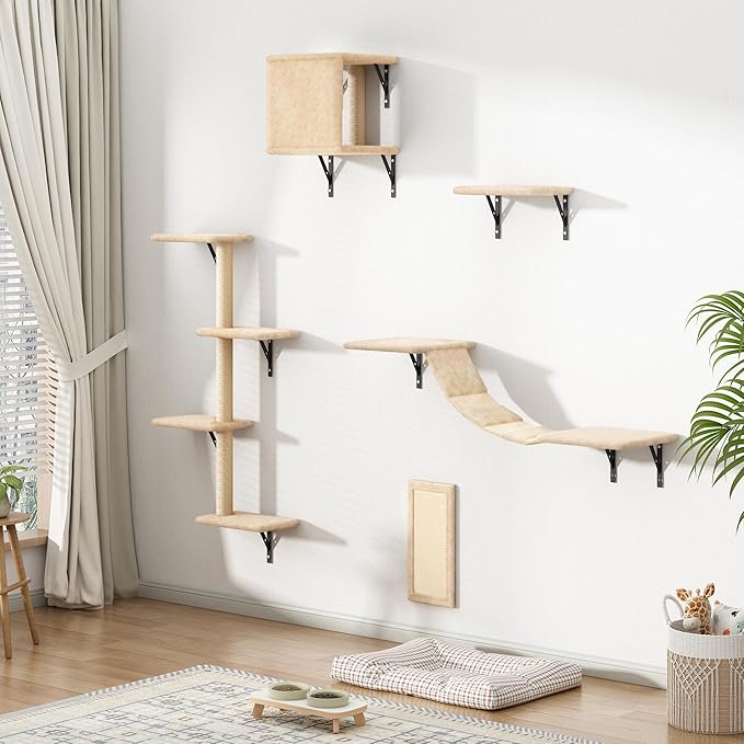 5 Pcs Wall-Mounted Cat Climber Set, Wood Indoor Cat Shelves with Perches, Ladder, Cat Condo House, Scratching Board and Cat Tree, Wall Shelves Furniture (Beige)