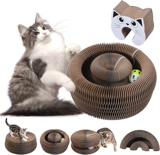 Qoosea Kitty Kurlz Indoor Cat Toy, Cat Paw-Shaped Accordion Cat Scratcher with Bell Ball & Magnetic Design, Made of Corrugated Cardboard and Sturdy