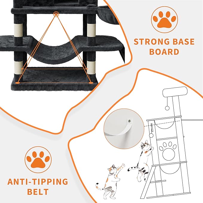 68.5 in Multi-Level Cat Tree for Indoor Cats Large Adult Heavy Duty Cat Tower for Large Cats with 2 Condos/Plush Perches/Sisal Scratching Posts/Hammocks/Basket/Dangling Balls, #2604 Dark-Grey