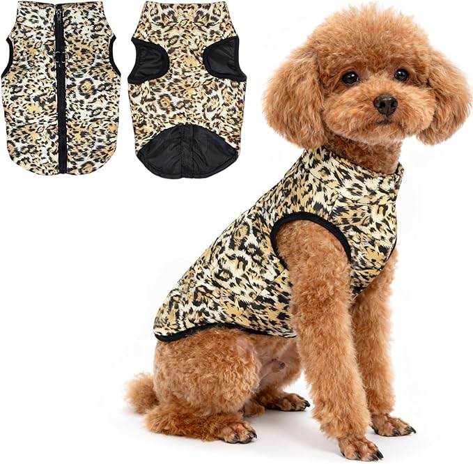 Idepet Pet Dog Cat Coat with Leash Anchor Color Patchwork Padded Puppy Vest Jacket Teddy Chihuahua Costumes Pug Cloth XS S M L(X-Large,Leopard)