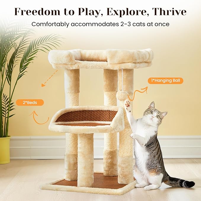 Multi-Level Cat Tree for Indoor Cats, Modern Cat Tower with Double Beds & Scratching Posts, 27in Cat Tree for Large Cats and Kitten, Small Cat Climbing Tower with Hanging Toys, Cream White