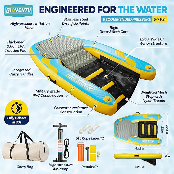 Inflatable Dog Boat Ramp, Heavy-Duty Floating Dog Water Ramp for Large Dogs, 220 LBS Capacity, Stable Drop-Stitch Platform with Submerged Steps, Non-Slip Surface, for Boats, Docks & Pools