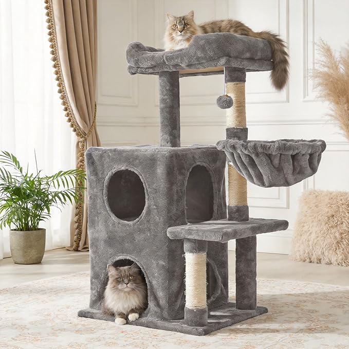Cat Tree Tower for Indoor Cats, 36-inch Adult Cat Tree House for Large Adult Cats with Steps, Scratching Post, 2 Cat Condo, Dangling Toys, Light Grey