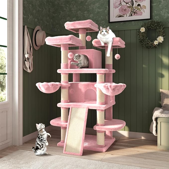 MUTICOR 68 Inches Multi-Level Large Cat Tree Tower with Condo/Cozy Plush Perches/Sisal Scratching Posts and Hammocks/‌Feline Activity Center Play House/Wide Base/Pink