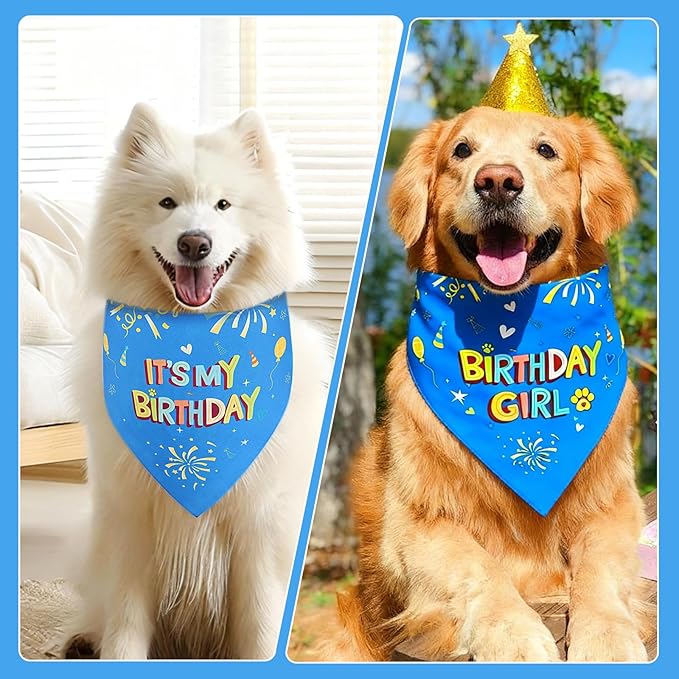 SZEE Dog Birthday Bandana, Reversible Bandanas for Dog Birthday Outfits, Pet Apparel & Accessories, Triangle Pet Scarf for Photo Prop and Holiday Decor (X-Large, Blue)