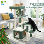 Modern Wood Cat Tree Tower for Large Cats - 43.5" Indoor Wooden Cat Condo with Sisal Scratching Posts, Washable Cushions, Large Top Perch & Easy Climb Steps for Elderly/Short-Legged Cats Multi-Cat Use