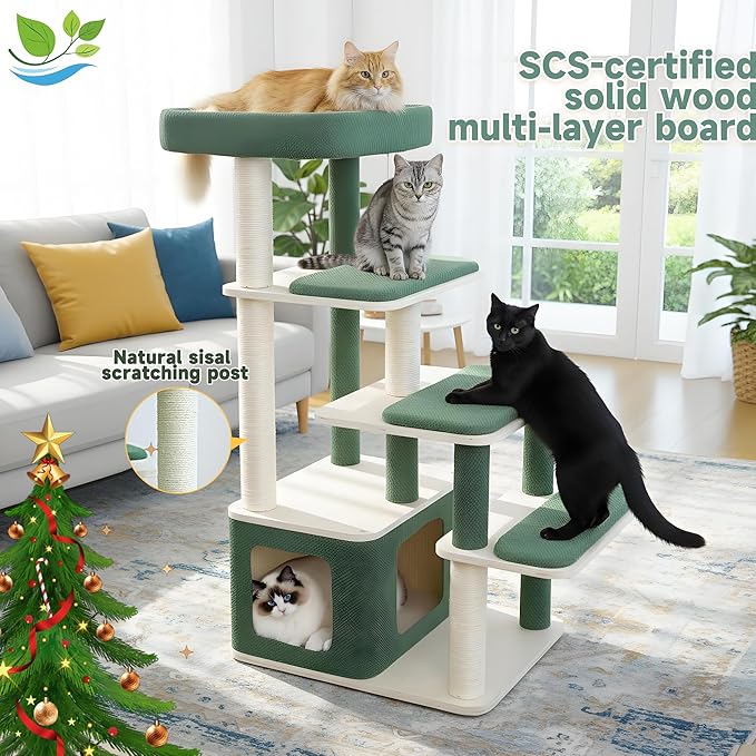 Modern Wood Cat Tree Tower for Large Cats - 43.5" Indoor Wooden Cat Condo with Sisal Scratching Posts, Washable Cushions, Large Top Perch & Easy Climb Steps for Elderly/Short-Legged Cats Multi-Cat Use