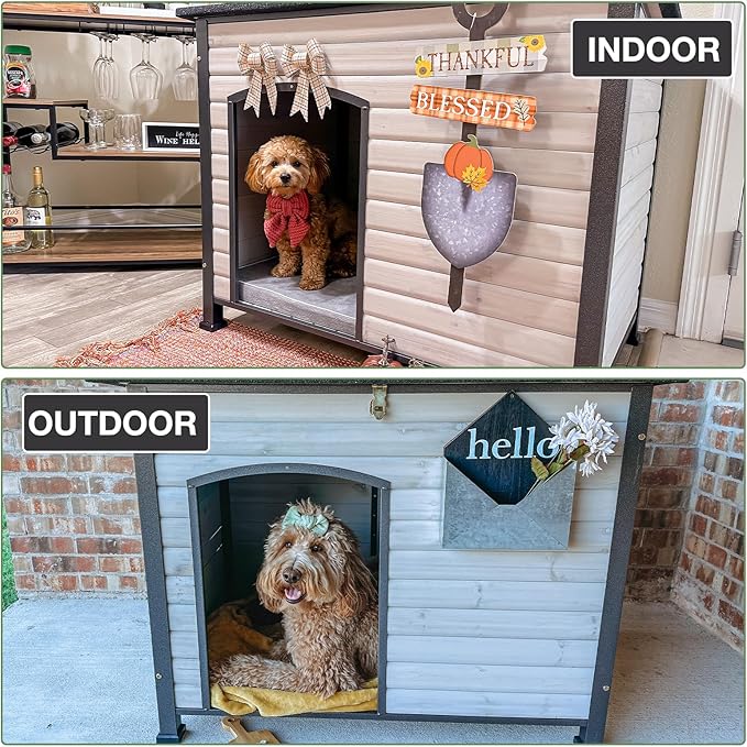 43.3’’ Large Dog House Outdoor Weatherproof Dog Kennel with Upgraded Thickened Metal Frame, Dog Shelter with PVC Curtain, Openable Roof and Removable Floor, Easy to Clean (White)