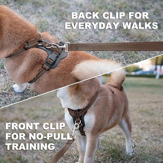 Plutus Pet Adjustable No Pull Dog Harness with Leather Accents, Heavy Duty Reflective Nylon Vest for Training, Hiking, Easy Walk Harness for Small, Medium, Large Dogs (Chocolate, M)