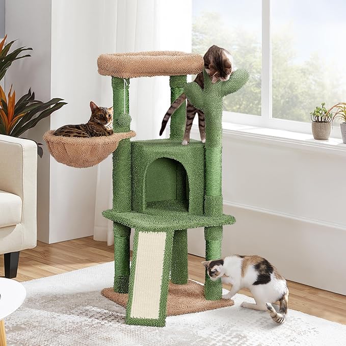 Topeakmart 42″ H Cactus Cat Tree,Cute Cat Tower w/Scratching Posts,Indoor Cats Furniture Pet Activity Center Play House w/Platform/Condo/Basket&Hanging Ball