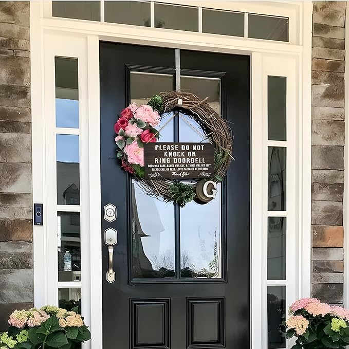 Do Not Knock Baby Sleeping Sign for Front Door, Double-sided PVC Rustic Please Do Not Ring Doorbell No Soliciting Hanging Sign for Home, House, Office, Business