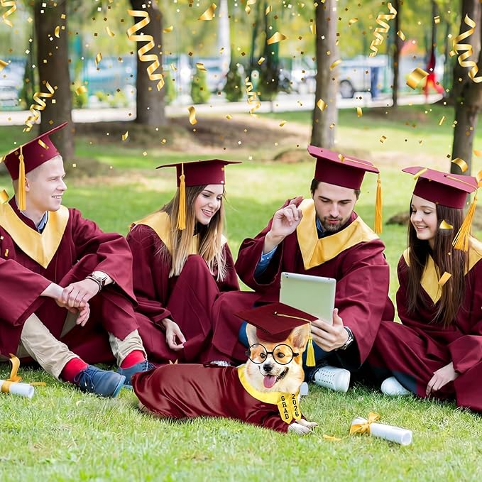 5 Pcs Dog Graduation Costume Set Include 2026 Pet Graduation Gown with Stole Puppy Grad Cap Lensless Glasses DIY Letter Stickers for Dogs Cats Holiday Costume Accessory(Maroon Yellow,M)
