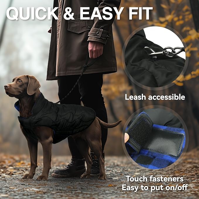 VIVAGLORY Softjoy Dog Coat, Dog Jacket for Winter & Christmas, Coat with Harness Hole, Reversible Plaid Checkered Warm Fluffy Heavy Duty for Puppy, S, Sapphire Blue Plaid