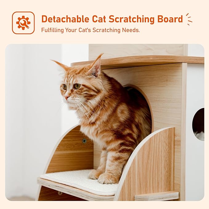 Modern Cat Tree Rocket Shape,54" Wood Cat Tower Multilevel for Indoor Cats, Cat Furniture with 3 Condos, Dangling Balls, Attic Perch