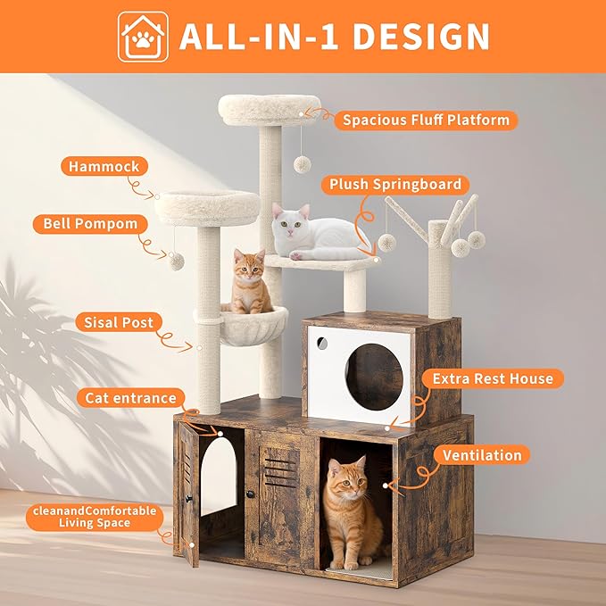Wooden Cat Tree with Hidden Litter Box Cabinet,Scratching Posts, Teaser Sticks, Basket & Perch, Barn Door Design,Stylish Washroom Cabinet Cat Furniture for Indoor Cats,Rustic Brown