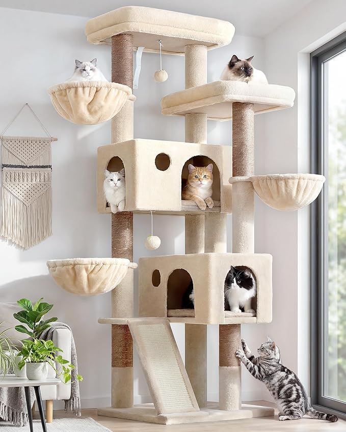 Globlazer Large Cat Tree, 72 inch Tall Cat Climbing Tower for Indoor Large Adult Cats Multi-Level Furniture Tree House with 2 Cozy Perches, 2 Padded Condos, 5 Sisal Scratching Posts, F72G, Beige