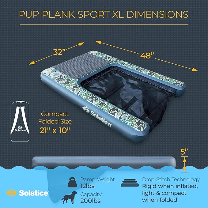 SOLSTICE Inflatable Pup Plank, Dog Water Ramp for Boats and Docks, XL Camo, 200 lb Capacity - Floating Platform for Pets for Lake, River, Beach & Swimming Pool, Includes Pump, Patent-Protected Design