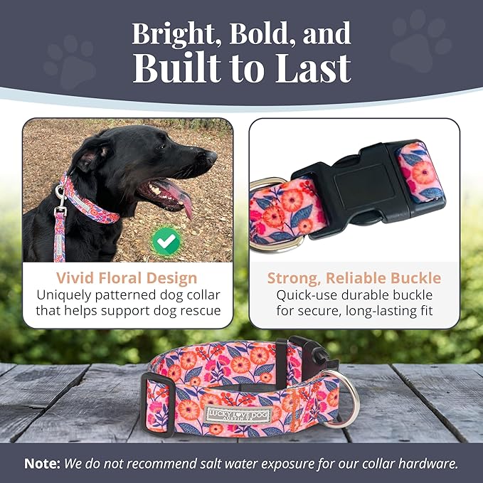 Lucky Love Dog Wide Dog Collar - Adjustable, Durable, Soft Webbing, & Comfortable 1.5 inch Wide Collar with Strong Buckle for Dogs Male and Female with Strong Buckle - Rosie, X-Large