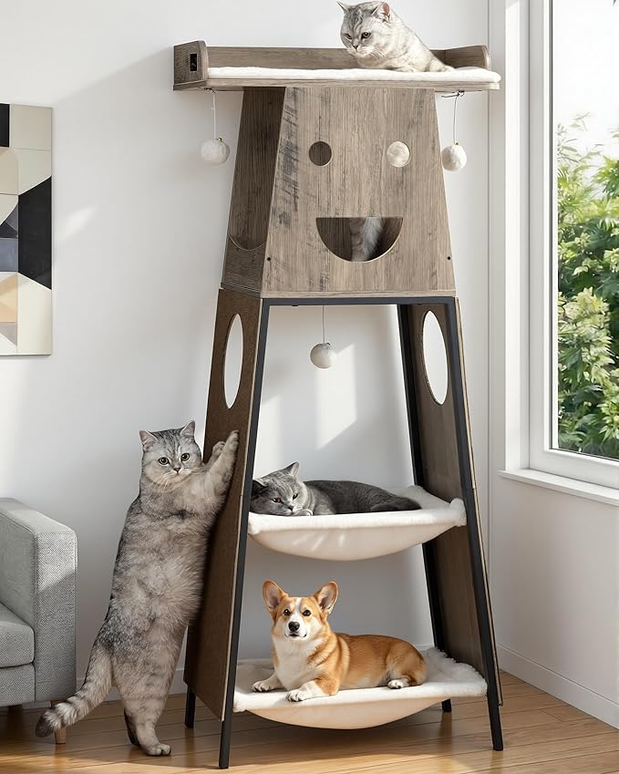 Modern Wood Cat Tree for Indoor Large Cats, 56 Inch Tall Cat Tower with Perch Bed, Multi-Level Trees with 2 Hammock, Cat Condo, Scratching Board, Removable Pads, Cat Furniture, Greige