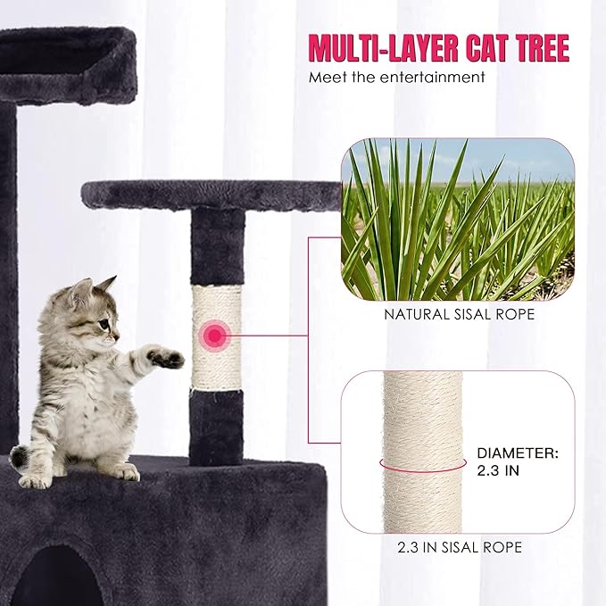 24/7 Shop at Home Court 70 inch Multi-Level Cute Cat Tree Tower with Dangling Ball and Scratching Posts for Indoor Cats Adults, Kitten Supplies, Pet House, Ash Gray