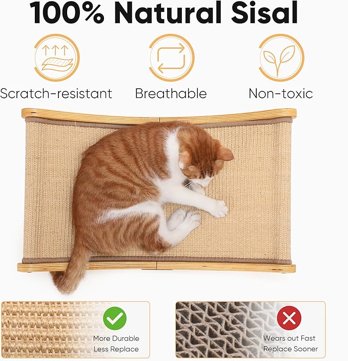 FUKUMARU Cat Scratcher Bed Sisal, 23.6 Inch Durable Scratching Bed for Indoor Cats, Large Cat Scratch Pad, Natural Sisal Hammock, Solid Wood Frame Lounger Chair for Sleep & Scratch (Wood)