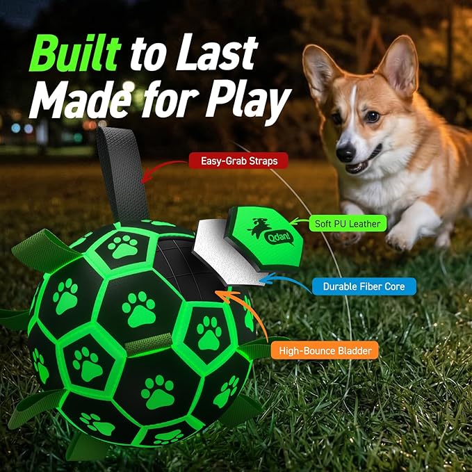 QDAN Glow in The Dark Dog Toys Soccer Ball with Straps, Outdoor Interactive Dog Toys Puppy Birthday Gifts, Dog Tug Water Toy, Light Up Dog Balls for Small & Medium Dogs（6 Inch Size 2）