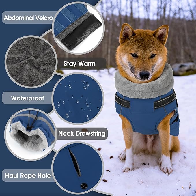 PETDSH Dog Coat Large, Built-in Harness Dog Jacket with Warm Fleece Lining, Waterproof Reflective Dogs Winter Coat, Pet Coats with Pocket and Trash Bags (Navy Blue, XXX-Large)