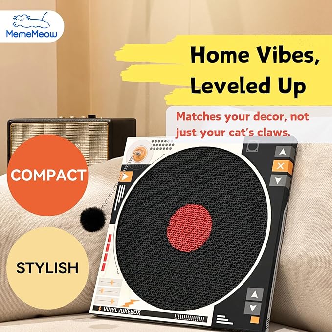 MemeMeow CD Cat Scratcher – Retro Record Player Design,Fun & Durable Scratching Pad for Cats,Eco-Friendly Cardboard,Interactive Cat Toy for Music Lovers & Stylish Home Décor