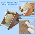 Fhiny Cat Scratcher Toy with Sisal Ball, 2-in-1 Rope Ball with Bell & Cardboard Cats Scratching Interactive Solid Wood Durable Scratch for Indoor Kitties Wear-Resistant Furniture Supplies