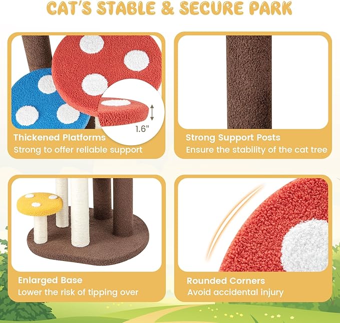 Giantex Cute Cat Tree - 37 Inches Mushroom Cat Tower with 3 Full-Wrapped Sisal Scratching Post, Padded Top Perch, Washable Mat, Multi-Level Cat Activity Tree for Indoor Cats Kitten