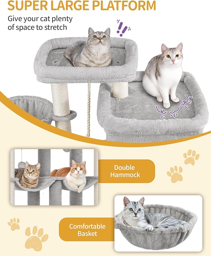Cat Tree, 200cm XXL Cat Tree with 10 Scratching Posts, 2 Caves, 2 Hammocks, Large Platform, Cat Brushes, Basket, Heavy Duty Cat Tree for Maine Coons, Large Cats, Light Grey MS20018LG