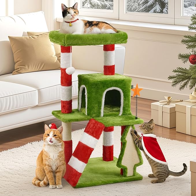 Christmas Cat Tree, Multi-Level Holiday Activity Cat Tree Tower with Scratching Post, Cozy Hammock, Fluffy Play Ball & Cave Condo, Indoor Christmas Decoration for Kitties, Gifts for Cat Owners