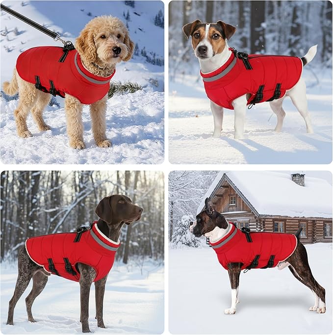 Mklhgty Large Dog Coat with Harness Built-in, Waterproof Reflective Fleece Lined - Warm Windproof Winter Jacket with Back Zipper, Cold Weather Snow Dog Coats - Red - XL