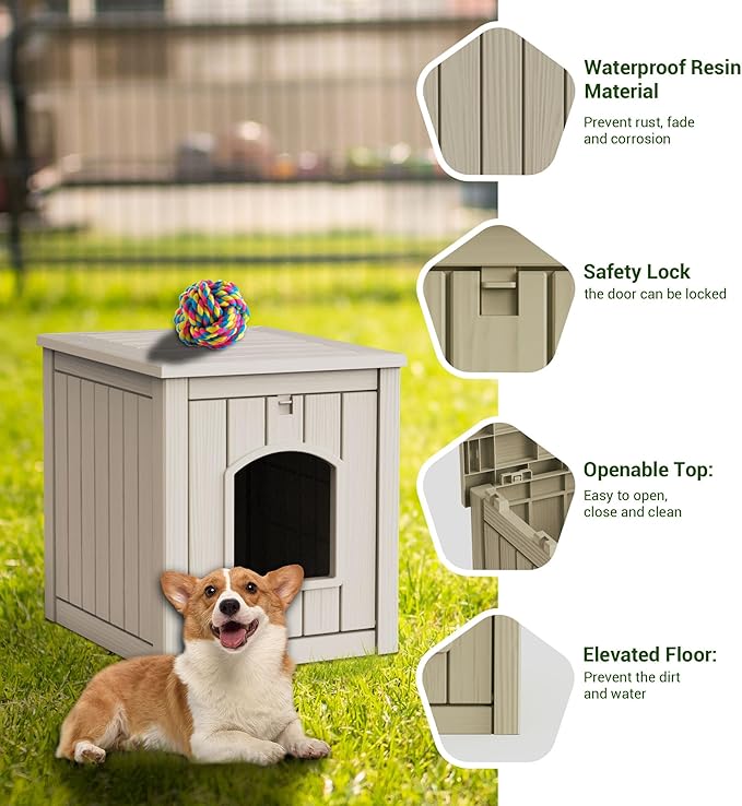 DRATO Outdoor Indoor Dog House,Resin Material Ventilate Waterproof Added to The Bottom,Multi-Functional Pet House for Small to Medium Dog (Light Brown, Medium)