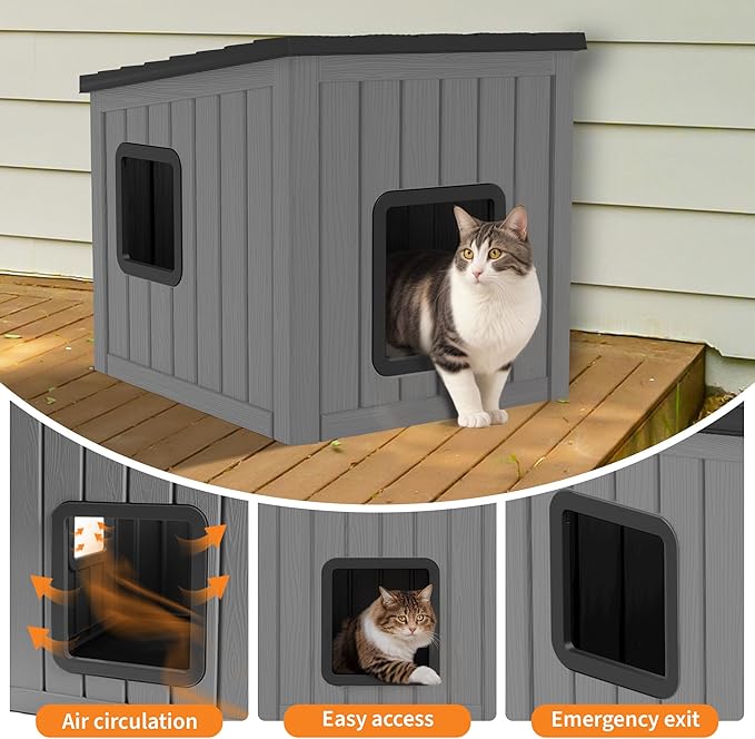 NUNU LAB Outdoor Cat House – Weatherproof & UV Resistant PP Material Shelter with Sloped Asphalt Roof, Durable Cat Condo for Garden, Patio, and Backyard (Black, Large)