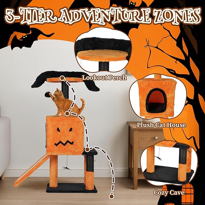 Outvita Halloween Cat Tree, 40" Cat Tower Cat Tree for Indoor Cats with Spacious Cat Condo, Sisal Scratching Posts, Hanging Toys, Orange & Black