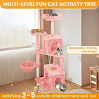 Cat Tree, 54-Inch Cat Tower for Indoor Cats,Plush Multi-Level Cat Condo with Scratching Posts, Basket, Perches,2 Caves,2 Pompoms(Pink)