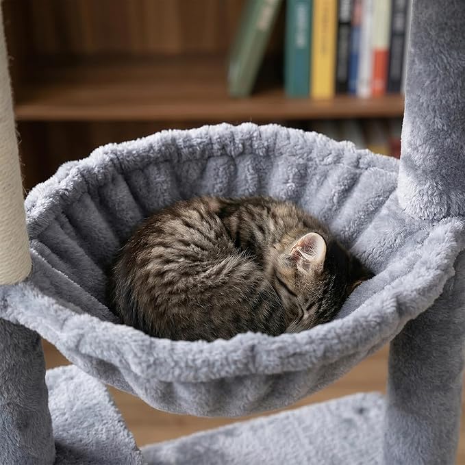 Multi-Level Cat Tree for Indoor Cats, Cat Tree Tower with Big Cat Hammock, Indoor Climbing Activity Tower with Scratching Posts, Grey
