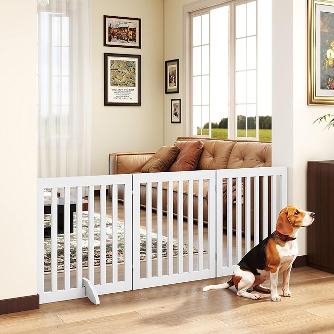 24”H Freestanding Wooden Pet Gate, Dog Gate for Stairs, Doorways, and Hallways, Step Over Foldable Pet Fence for Indoor Use, Support Feet Included, 60 inch Wide 3 Panels, White