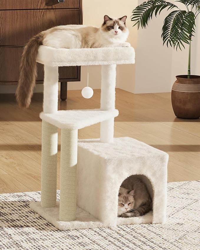 Cat Tree Tower for Indoor Cats, 33 Inches Multi-Level Cat Condo with Scratching Posts, Large Perch, Hanging Toy for Large Adult Cats, Beige