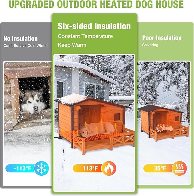 Heated Dog House Outdoor Insulated Weatherproof Dog Kennel with Anti-bite Iron Frame, Heating Pad and Insulated Liner, Dog Shelter with Porch and Sliding Window for Small to Large Breeds (Brown)