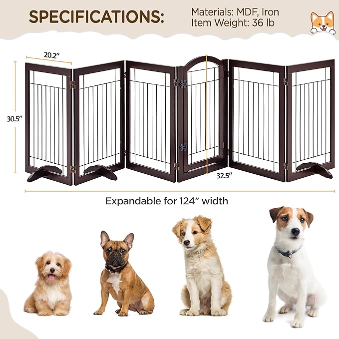 Yaheetech 32-inch Tall Dog Gate with Door Extra Wide Pet Gate for Dogs, Foldable Wire & Wooden Puppy Safety Fence w/3 Support Feet,Freestanding Dog Gate for the House,Doorway,Stairs(Espresso,6 Panels)